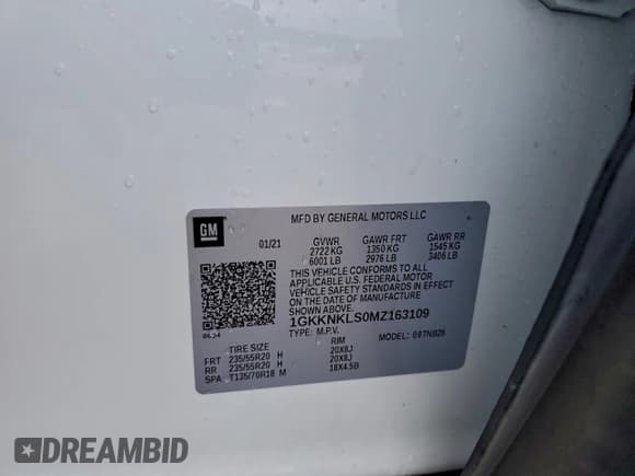 ✅ 2021 GMC Acadia SLE • VIN: 1GKKNKLS0MZ163109 • Lot: 95340375. Listed on Copart with 189,839 mi. Free auction sales archive from the USA and detailed vehicle history report at DreamBid. Image 12.