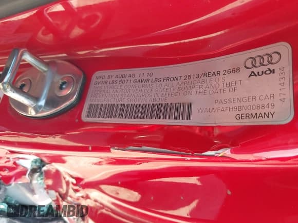 ✅ 2011 Audi A5 Prestige • VIN: WAUVFAFH9BN008849 • Lot: 42055944. Listed on IAAI with 116,790 mi. Free auction sales archive from the USA and detailed vehicle history report at DreamBid. Image 9.