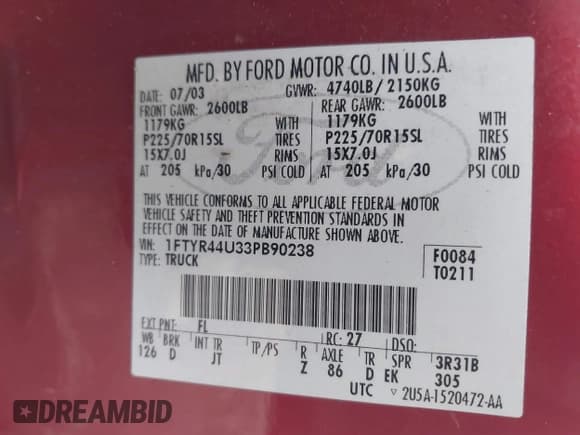 ✅ 2003 Ford Ranger XL Fleet • VIN: 1FTYR44U33PB90238 • Лот: 43034548. Опубликован ранее на IAAI с пробегом 165 522 миль. Бесплатный доступ к архиву аукционных продаж из США и подробный отчёт об истории автомобиля на DreamBid. Изображение 9.