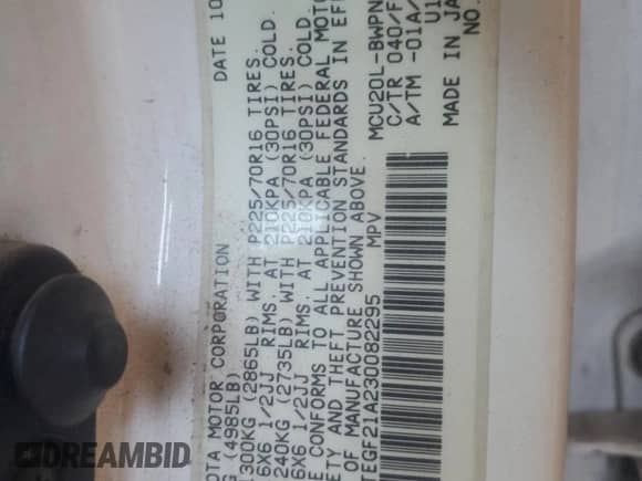 2003 Toyota Highlander z VIN JTEGF21A230082295, wystawiony jako Copart lot #81482595 z przebiegiem Nie podano mil oraz Czysty tytuł • Clean title. Historia ofert i sprzedaży dostępna na DreamBid. Obrazek 12.