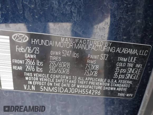 2023 Hyundai Santa Fe SE z VIN 5NMS1DAJ0PH554296, wystawiony jako IAAI lot #43341850 z przebiegiem 30 004 mil mil oraz . Historia ofert i sprzedaży dostępna na DreamBid. Obrazek 9.