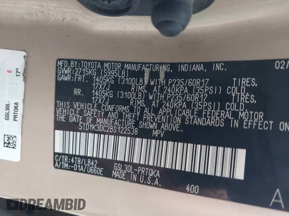 2011 Toyota Sienna XLE AAS with VIN 5TDYK3DC2BS122538, listed as a IAAI auction lot 43247955 with 238,815 mi miles and . Bid and sale history available at DreamBid. Image 9.