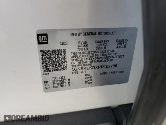 ✅ 2024 Chevrolet Suburban RST • VIN: 1GNSKEKDXRR103796 • Lot: 86855165. Listed on Copart with 55,180 mi. Free auction sales archive from the USA and detailed vehicle history report at DreamBid. Image 13.