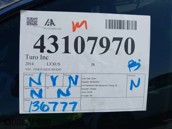 ✅ 2014 Lexus IS 250 • VIN: JTHCF1D25E5014207 • Lot: 43107970. Listed on IAAI with 136,777 mi. Free auction sales archive from the USA and detailed vehicle history report at DreamBid. Image 17.