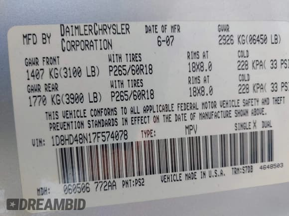 ✅ 2007 Dodge Durango SLT • VIN: 1D8HD48N17F574078 • Лот: 42659467. Опубликован ранее на IAAI с пробегом 258 640 миль. Бесплатный доступ к архиву аукционных продаж из США и подробный отчёт об истории автомобиля на DreamBid. Изображение 9.