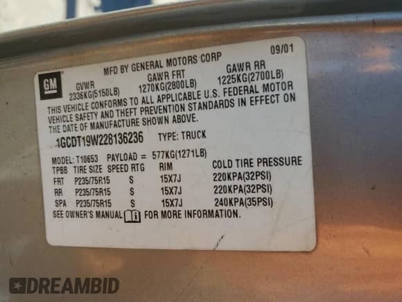 2002 Chevrolet S-10 LS with VIN 1GCDT19W228136236, listed as a Copart auction lot 76942574 with 242,096 mi miles and Salvage title. Bid and sale history available at DreamBid. Image 12.