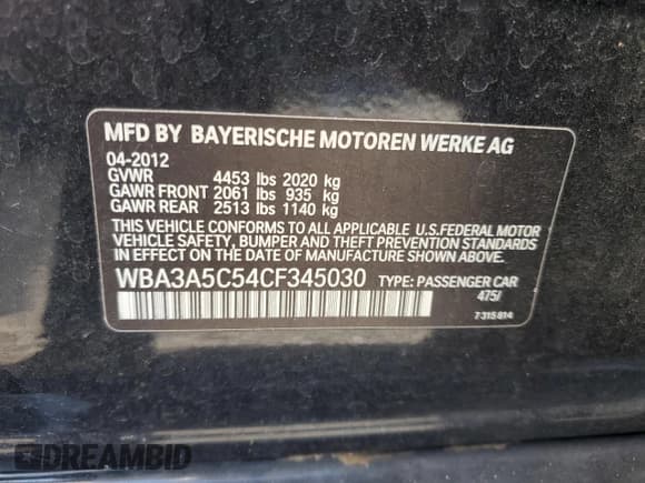 ✅ 2012 BMW 3 Series 328i • VIN: WBA3A5C54CF345030 • Lot: 91136155. Listed on Copart with 98,049 mi. Free auction sales archive from the USA and detailed vehicle history report at DreamBid. Image 12.