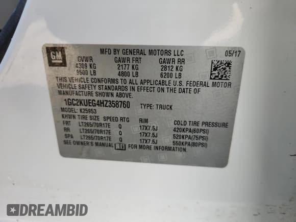 ✅ 2017 Chevrolet Silverado 2500HD Work Truck • VIN: 1GC2KUEG4HZ358760 • Lot: 69594685. Wystawiony na Copart z przebiegiem 203 304 mil. Bezpłatny archiwum sprzedaży aukcyjnych z USA i szczegółowy raport historii pojazdu na DreamBid. Zdjęcie 12.