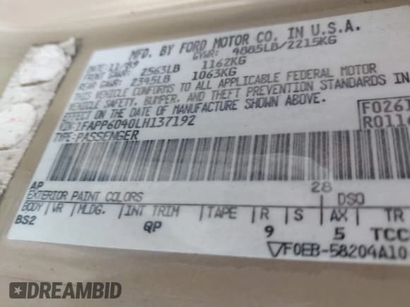 ✅ 1990 Ford Thunderbird • VIN: 1FAPP6040LH137192 • Лот: 43741206. Опубликован ранее на IAAI с пробегом 100 870 миль. Бесплатный доступ к архиву аукционных продаж из США и подробный отчёт об истории автомобиля на DreamBid. Изображение 9.