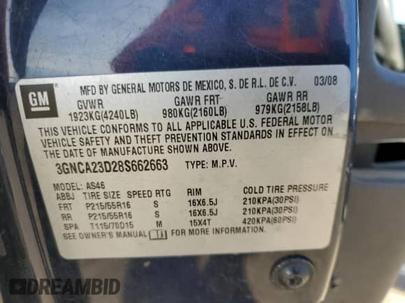 2008 Chevrolet HHR LT с VIN 3GNCA23D28S662663, выставлен на аукционе Copart как лот 79493834 с пробегом 181 002 миль миль и Списание • Salvage title. История ставок и продаж доступна на DreamBid. Изображение 14.