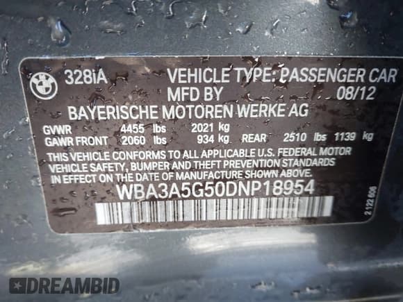 ✅ 2013 BMW 3 Series 328i • VIN: WBA3A5G50DNP18954 • Lot: 43626730. Listed on IAAI with 142,168 mi. Free auction sales archive from the USA and detailed vehicle history report at DreamBid. Image 9.