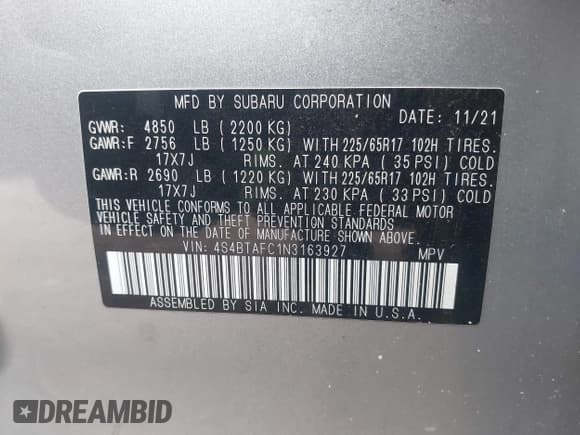 ✅ 2022 Subaru Outback Premium • VIN: 4S4BTAFC1N3163927 • Lot: 43600836. Wystawiony na IAAI z przebiegiem 47 864 mil. Bezpłatny archiwum sprzedaży aukcyjnych z USA i szczegółowy raport historii pojazdu na DreamBid. Zdjęcie 9.