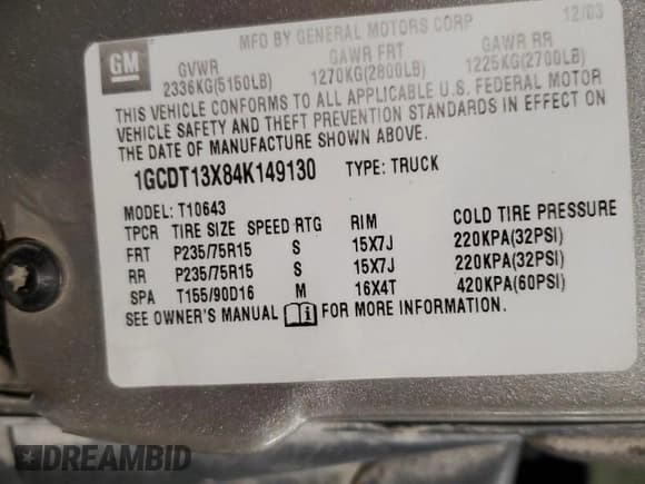 ✅ 2004 Chevrolet S-10 LS • VIN: 1GCDT13X84K149130 • Лот: 84421154. Опубликован ранее на Copart с пробегом 200 221 миль. Бесплатный доступ к архиву аукционных продаж из США и подробный отчёт об истории автомобиля на DreamBid. Изображение 12.