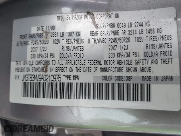 ✅ 2010 Mazda CX-9 Touring • VIN: JM3TB3MV9A0210975 • Lot: 42935060. Listed on IAAI with 180,993 mi. Free auction sales archive from the USA and detailed vehicle history report at DreamBid. Image 9.