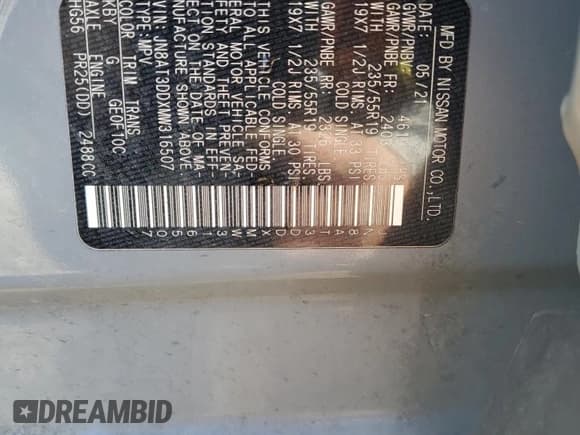 ✅ 2021 Nissan Rogue Platinum • VIN: JN8AT3DDXMW316507 • Lot: 87074915. Listed on Copart with 62,240 mi. Free auction sales archive from the USA and detailed vehicle history report at DreamBid. Image 13.