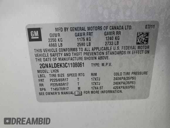 ✅ 2012 Chevrolet Equinox 1LT • VIN: 2GNALDEK3C1108061 • Lot: 85870375. Listed on Copart with 69,907 mi. Free auction sales archive from the USA and detailed vehicle history report at DreamBid. Image 12.