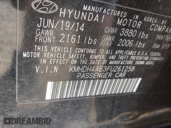 ✅ 2015 Hyundai Elantra SE • VIN: KMHDH4AE3FU261258 • Lot: 43357211. Listed on IAAI with 201,597 mi. Free auction sales archive from the USA and detailed vehicle history report at DreamBid. Image 9.