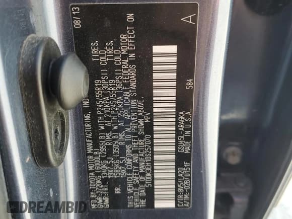 ✅ 2013 Toyota Highlander Limited • VIN: 5TDDK3EH1DS257070 • Lot: 70317085. Listed on Copart with 123,984 mi. Free auction sales archive from the USA and detailed vehicle history report at DreamBid. Image 13.