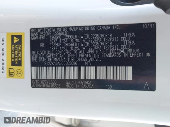 ✅ 2012 Lexus RX 350 • VIN: 2T2ZK1BA3CC069686 • Лот: 43809521. Опубликован ранее на IAAI с пробегом 177 895 миль. Бесплатный доступ к архиву аукционных продаж из США и подробный отчёт об истории автомобиля на DreamBid. Изображение 9.