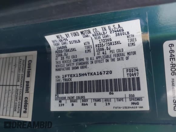 ✅ 1996 Ford F-150 • VIN: 1FTEX15H4TKA16720 • Lot: 43808410. Listed on IAAI with 76,855 mi. Free auction sales archive from the USA and detailed vehicle history report at DreamBid. Image 9.