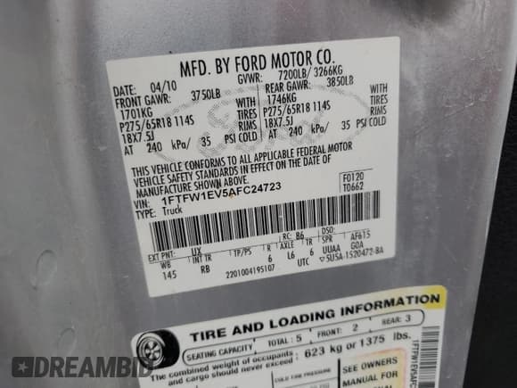 ✅ 2010 Ford F-150 XL • VIN: 1FTFW1EV5AFC24723 • Lot: 85431645. Listed on Copart with 185,752 mi. Free auction sales archive from the USA and detailed vehicle history report at DreamBid. Image 12.