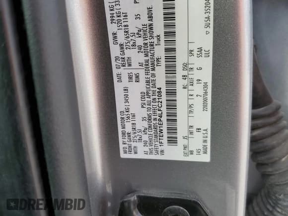 ✅ 2020 Ford F-150 XL • VIN: 1FTEW1EP4LFC21084 • Lot: 87256525. Wystawiony na Copart z przebiegiem 98 503 mil. Bezpłatny archiwum sprzedaży aukcyjnych z USA i szczegółowy raport historii pojazdu na DreamBid. Zdjęcie 12.