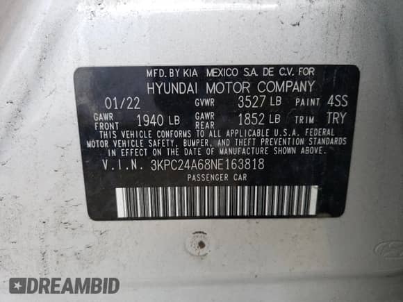 2022 Hyundai Accent SEL z VIN 3KPC24A68NE163818, wystawiony jako Copart lot #60953844 z przebiegiem 44 533 mil mil oraz Szkoda całkowita • Salvage title. Historia ofert i sprzedaży dostępna na DreamBid. Obrazek 12.