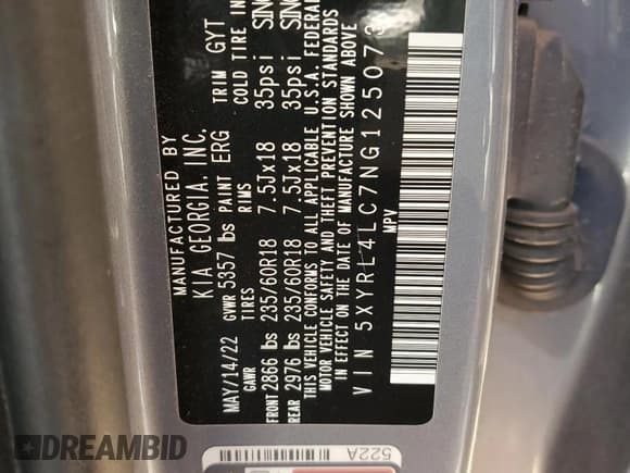 ✅ 2022 Kia Sorento S • VIN: 5XYRL4LC7NG125073 • Lot: 92287465. Listed on Copart with 47,302 mi. Free auction sales archive from the USA and detailed vehicle history report at DreamBid. Image 13.