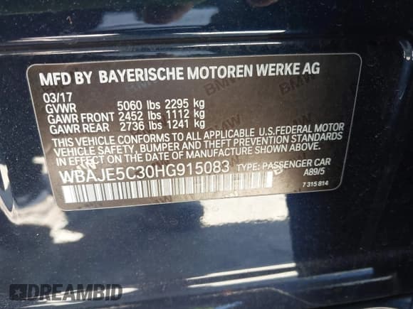 ✅ 2017 BMW 5 Series 540i • VIN: WBAJE5C30HG915083 • Lot: 43151716. Listed on IAAI with 28,906 mi. Free auction sales archive from the USA and detailed vehicle history report at DreamBid. Image 9.