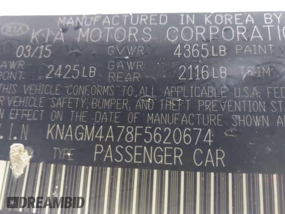 ✅ 2015 Kia Optima LX • VIN: KNAGM4A78F5620674 • Lot: 43831135. Listed on IAAI with 162,051 mi. Free auction sales archive from the USA and detailed vehicle history report at DreamBid. Image 9.