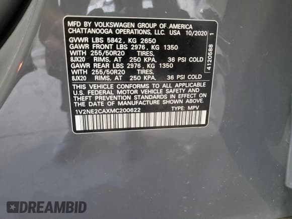 ✅ 2021 Volkswagen Atlas SE • VIN: 1V2NE2CAXMC200622 • Lot: 64722105. Listed on Copart with 50,778 mi. Free auction sales archive from the USA and detailed vehicle history report at DreamBid. Image 14.