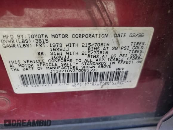 ✅ 1996 Toyota RAV4 • VIN: JT3HP10V3T0083593 • Lot: 70916135. Listed on Copart with 320,068 mi. Free auction sales archive from the USA and detailed vehicle history report at DreamBid. Image 12.