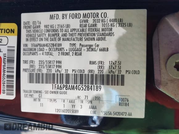 ✅ 2016 Ford Mustang V6 • VIN: 1FA6P8AM4G5284189 • Lot: 43599290. Listed on IAAI with 66,830 mi. Free auction sales archive from the USA and detailed vehicle history report at DreamBid. Image 9.