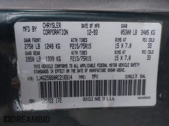 ✅ 1994 Jeep Grand Cherokee Laredo • VIN: 1J4GZ58S0RC216914 • Lot: 43577799. Listed on IAAI with 334,197 mi. Free auction sales archive from the USA and detailed vehicle history report at DreamBid. Image 9.