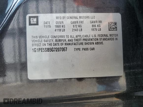 ✅ 2016 Chevrolet Cruze LT • VIN: 1G1PE5SB5G7207067 • Lot: 52690773. Listed on Copart with 69,066 mi. Free auction sales archive from the USA and detailed vehicle history report at DreamBid. Image 12.