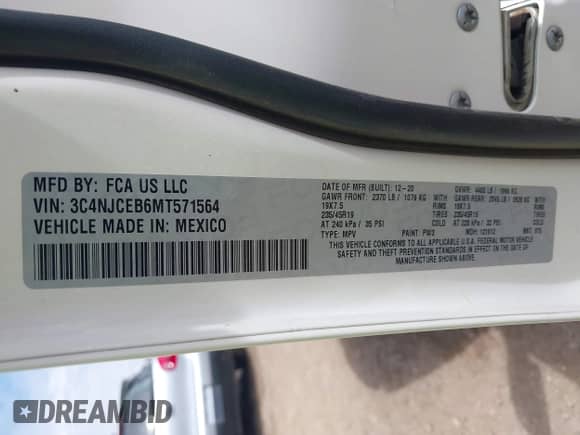 2021 Jeep Compass 80th Anniversary z VIN 3C4NJCEB6MT571564, wystawiony jako IAAI lot #42591643 z przebiegiem 56 999 mil mil oraz . Historia ofert i sprzedaży dostępna na DreamBid. Obrazek 9.