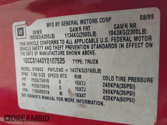 ✅ 2000 Chevrolet S-10 LS • VIN: 1GCCS1440Y8107525 • Лот: 42244465. Опубликован ранее на IAAI с пробегом 133 610 миль. Бесплатный доступ к архиву аукционных продаж из США и подробный отчёт об истории автомобиля на DreamBid. Изображение 9.