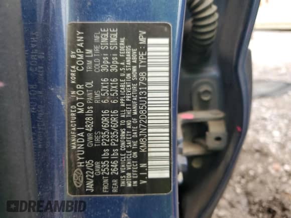 2005 Hyundai Tucson GLS z VIN KM8JN72D85U131798, wystawiony jako Copart lot #79274634 z przebiegiem 122 271 mil mil oraz Szkoda całkowita • Salvage title. Historia ofert i sprzedaży dostępna na DreamBid. Obrazek 12.