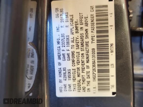 ✅ 2008 Honda Accord LX • VIN: 1HGCP26368A131009 • Lot: 91088175. Wystawiony na Copart z przebiegiem 164 991 mil. Bezpłatny archiwum sprzedaży aukcyjnych z USA i szczegółowy raport historii pojazdu na DreamBid. Zdjęcie 12.