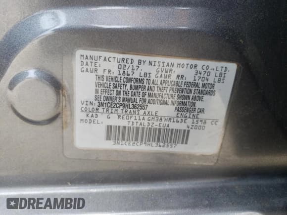 ✅ 2017 Nissan Note SV • VIN: 3N1CE2CP9HL362557 • Lot: 54840585. Listed on Copart with 135,260 mi. Free auction sales archive from the USA and detailed vehicle history report at DreamBid. Image 13.