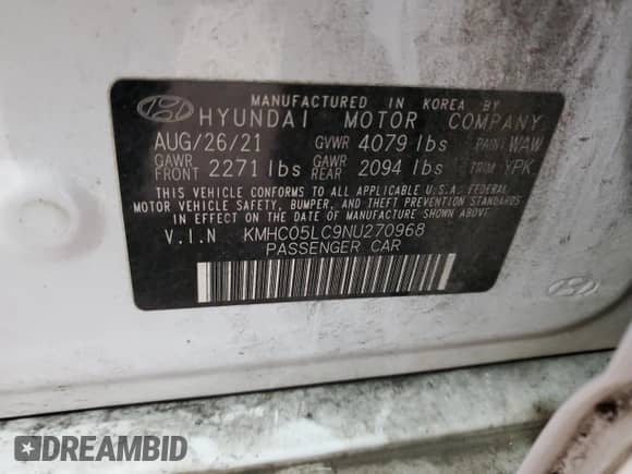 2022 Hyundai Ioniq Limited с VIN KMHC05LC9NU270968, выставлен на аукционе Copart как лот 89326835 с пробегом 73 077 миль миль и Списание • Salvage title. История ставок и продаж доступна на DreamBid. Изображение 12.