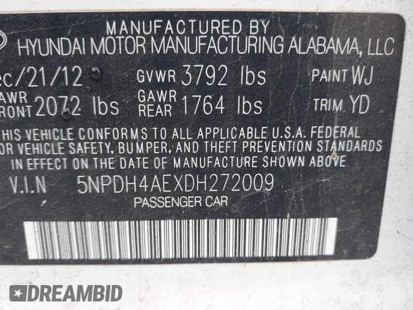 ✅ 2013 Hyundai Elantra Limited • VIN: 5NPDH4AEXDH272009 • Lot: 43477572. Listed on IAAI with 130,294 mi. Free auction sales archive from the USA and detailed vehicle history report at DreamBid. Image 9.