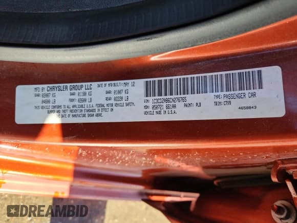 ✅ 2012 Dodge Avenger SE • VIN: 1C3CDZAB6CN276765 • Lot: 84898305. Listed on Copart with 142,279 mi. Free auction sales archive from the USA and detailed vehicle history report at DreamBid. Image 12.