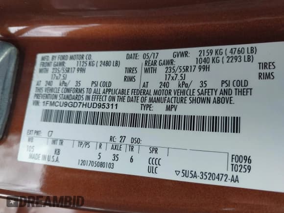 ✅ 2017 Ford Escape SE • VIN: 1FMCU9GD7HUD95311 • Лот: 43836975. Опубликован ранее на IAAI с пробегом 95 785 миль. Бесплатный доступ к архиву аукционных продаж из США и подробный отчёт об истории автомобиля на DreamBid. Изображение 9.