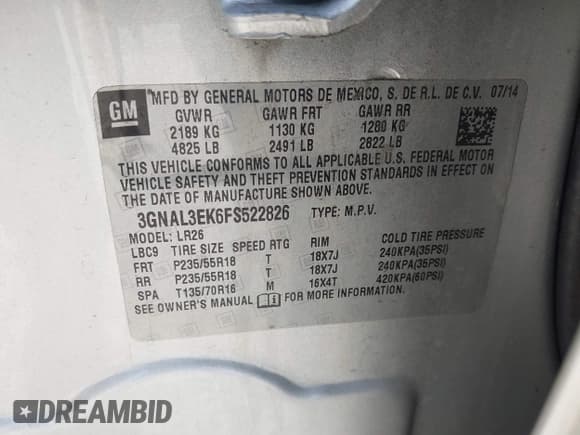 ✅ 2015 Chevrolet Captiva Sport LT • VIN: 3GNAL3EK6FS522826 • Lot: 41753152. Wystawiony na IAAI z przebiegiem 141 451 mil. Bezpłatny archiwum sprzedaży aukcyjnych z USA i szczegółowy raport historii pojazdu na DreamBid. Zdjęcie 9.