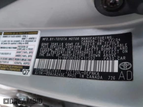 ✅ 2005 Toyota Corolla CE • VIN: 2T1BR30E65C417552 • Lot: 43533494. Wystawiony na IAAI z przebiegiem 148 965 mil. Bezpłatny archiwum sprzedaży aukcyjnych z USA i szczegółowy raport historii pojazdu na DreamBid. Zdjęcie 9.