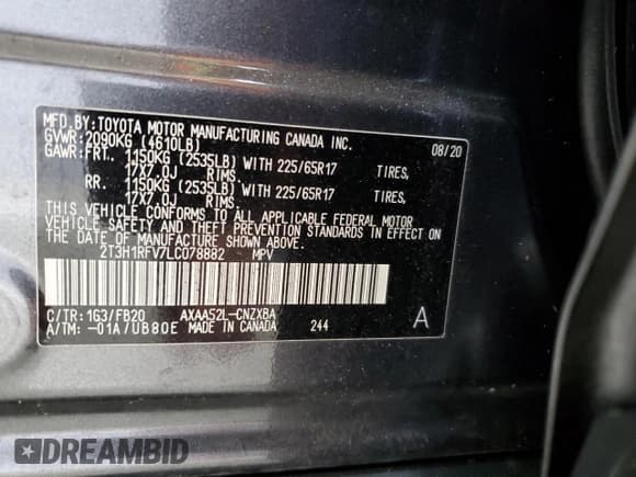 ✅ 2020 Toyota RAV4 LE • VIN: 2T3H1RFV7LC078882 • Lot: 70665155. Listed on Copart with Not provided. Free auction sales archive from the USA and detailed vehicle history report at DreamBid. Image 13.