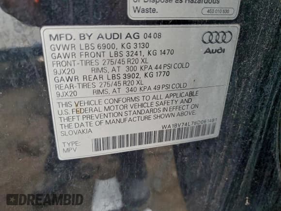 ✅ 2008 Audi Q7 Premium • VIN: WA1BV74L78D061481 • Lot: 94268455. Listed on Copart with 122,649 mi. Free auction sales archive from the USA and detailed vehicle history report at DreamBid. Image 13.