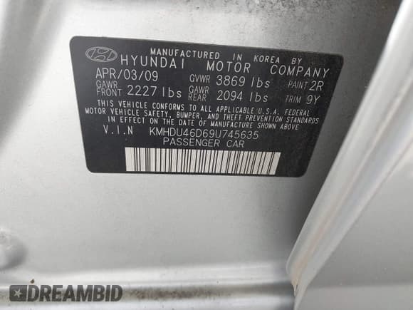 ✅ 2009 Hyundai Elantra GLS • VIN: KMHDU46D69U745635 • Lot: 43686781. Listed on IAAI with 121,320 mi. Free auction sales archive from the USA and detailed vehicle history report at DreamBid. Image 9.