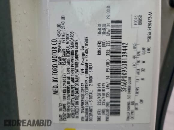 ✅ 2013 Ford Fusion Titanium • VIN: 3FA6P0K95DR139442 • Лот: 93846775. Опубликован ранее на Copart с пробегом 154 441 миль. Бесплатный доступ к архиву аукционных продаж из США и подробный отчёт об истории автомобиля на DreamBid. Изображение 12.